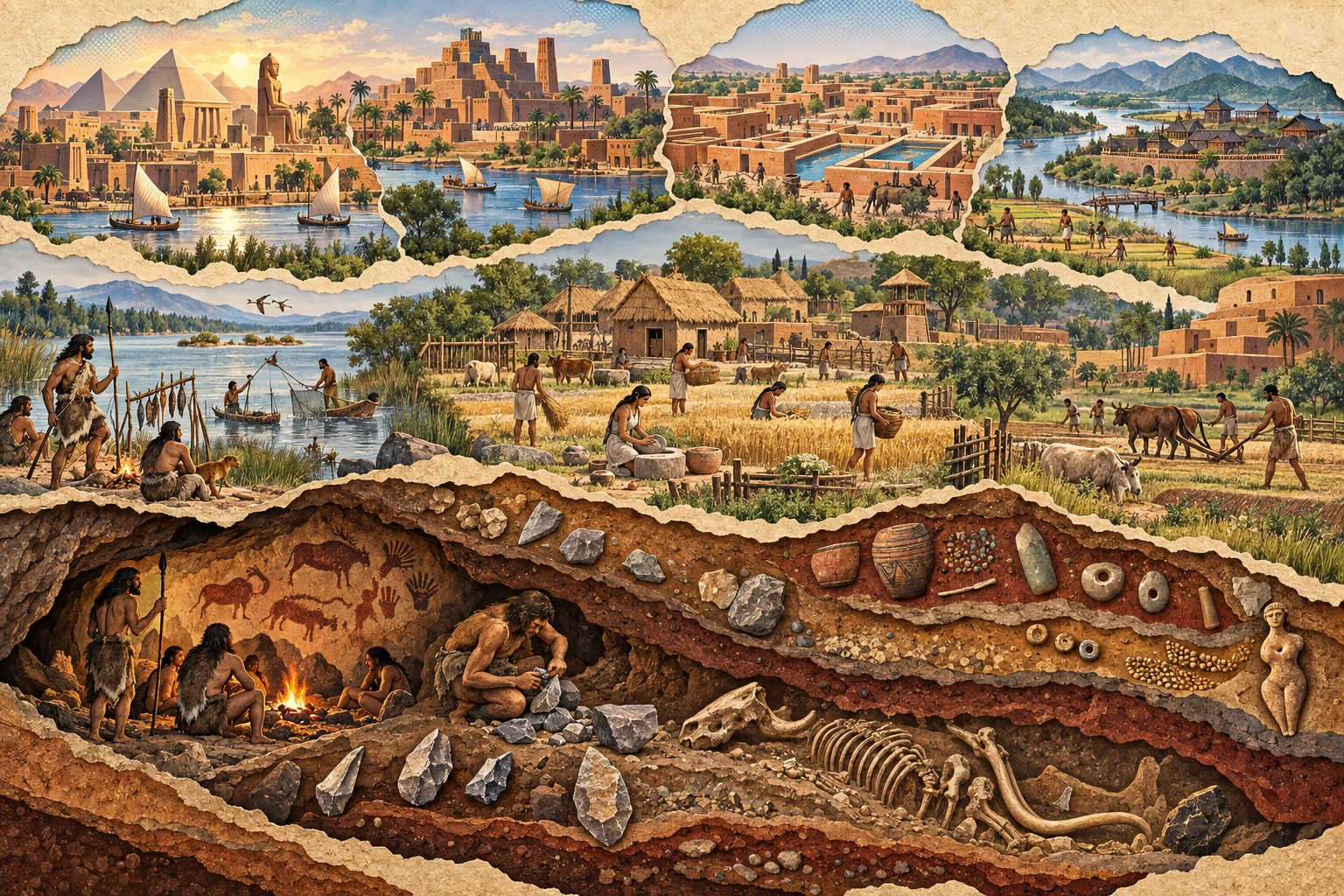 Layered archaeological world connecting stone tools, farming villages and distinct river civilisations.