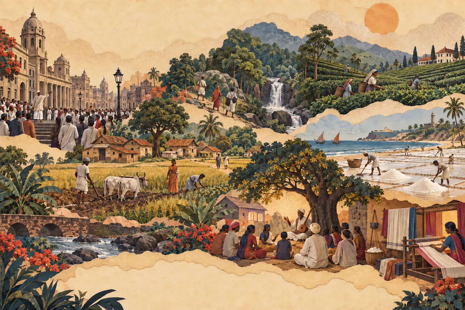 Layered paper map of India surrounded by fields, mills, meetings, salt making and shared national symbols.