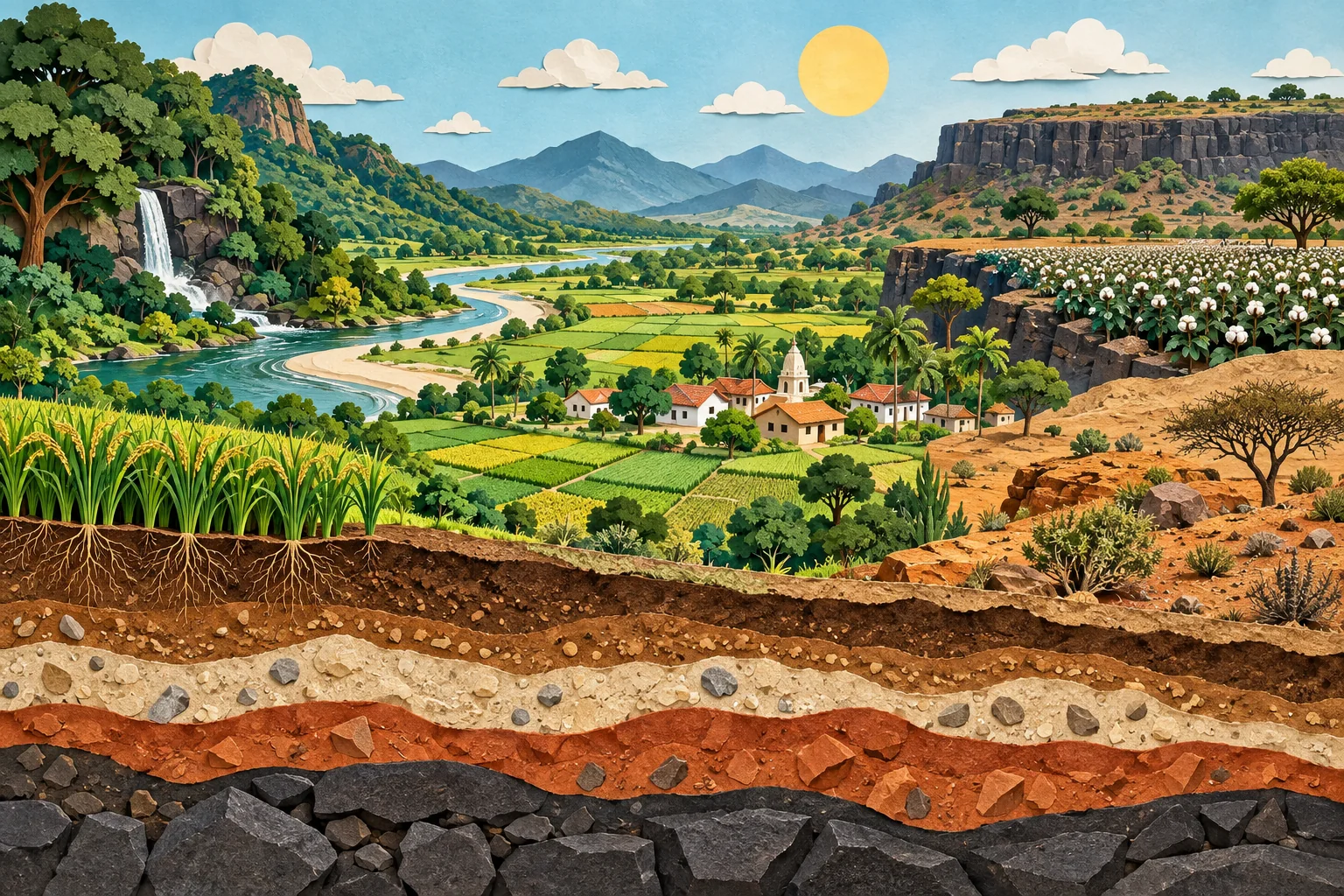 Layered Indian land mosaic with river plain, fields, plateau, dryland and visible soil strata.