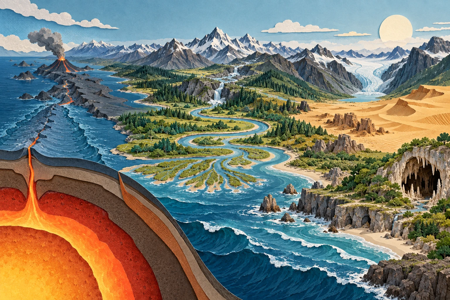 Layered paper landscape connecting Earth's interior, mountains, rivers, coast, glacier, dryland and caves.