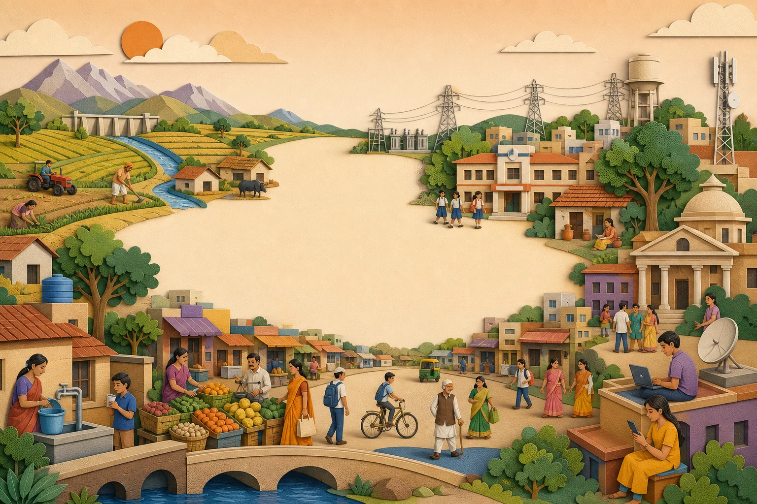Connected Indian social world linking homes, school, food, transport, resources and public life.