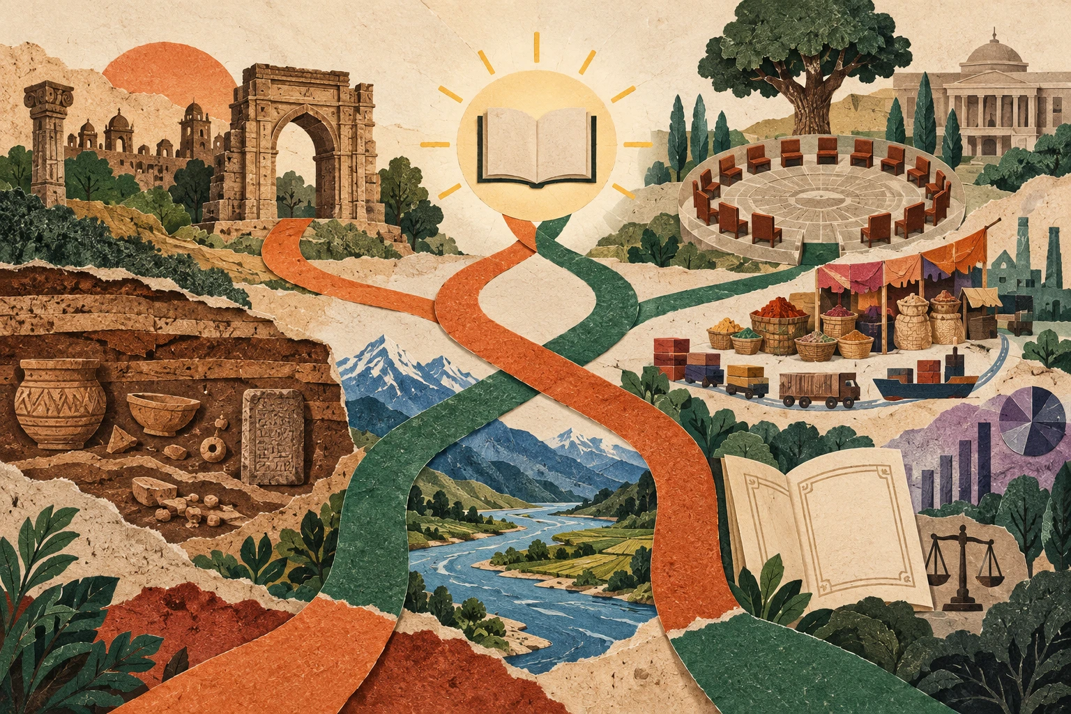 Two paper pathways connect history, geography, civics and economics around an open book.