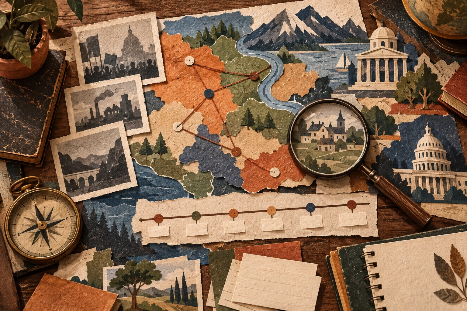 A handcrafted study surface connects places, historical evidence, civic ideas and a timeline.