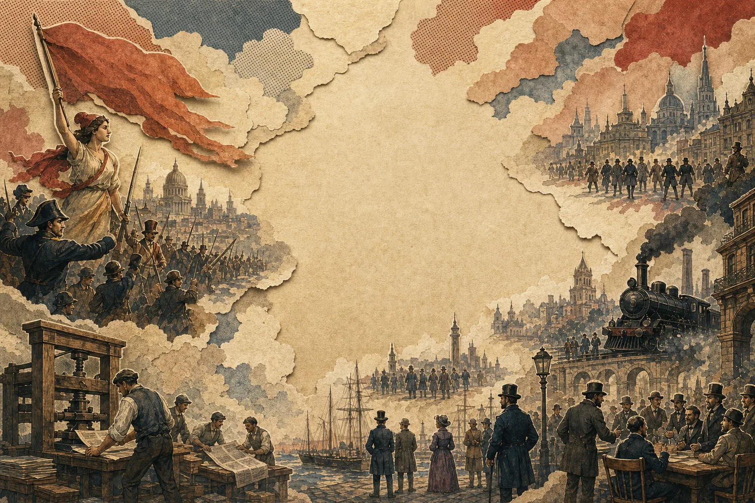 Painted historical atlas of nineteenth-century Europe with revolutionary crowds and an open route across the continent.